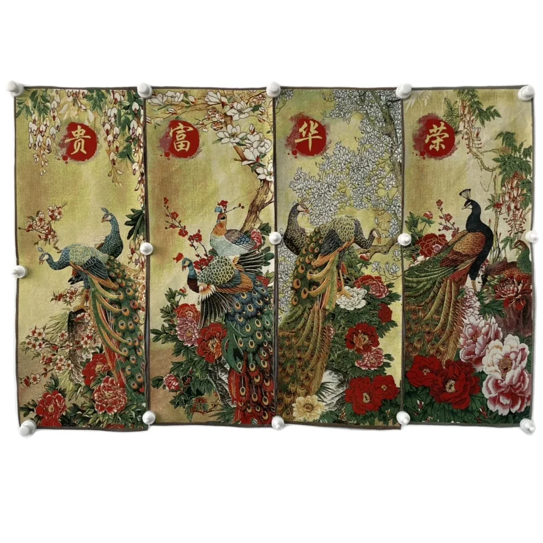 Картина с павлином Ronghua Fugui, ретро, 4 экрана, танка, вышитая, украшение для дома, подвесная картина