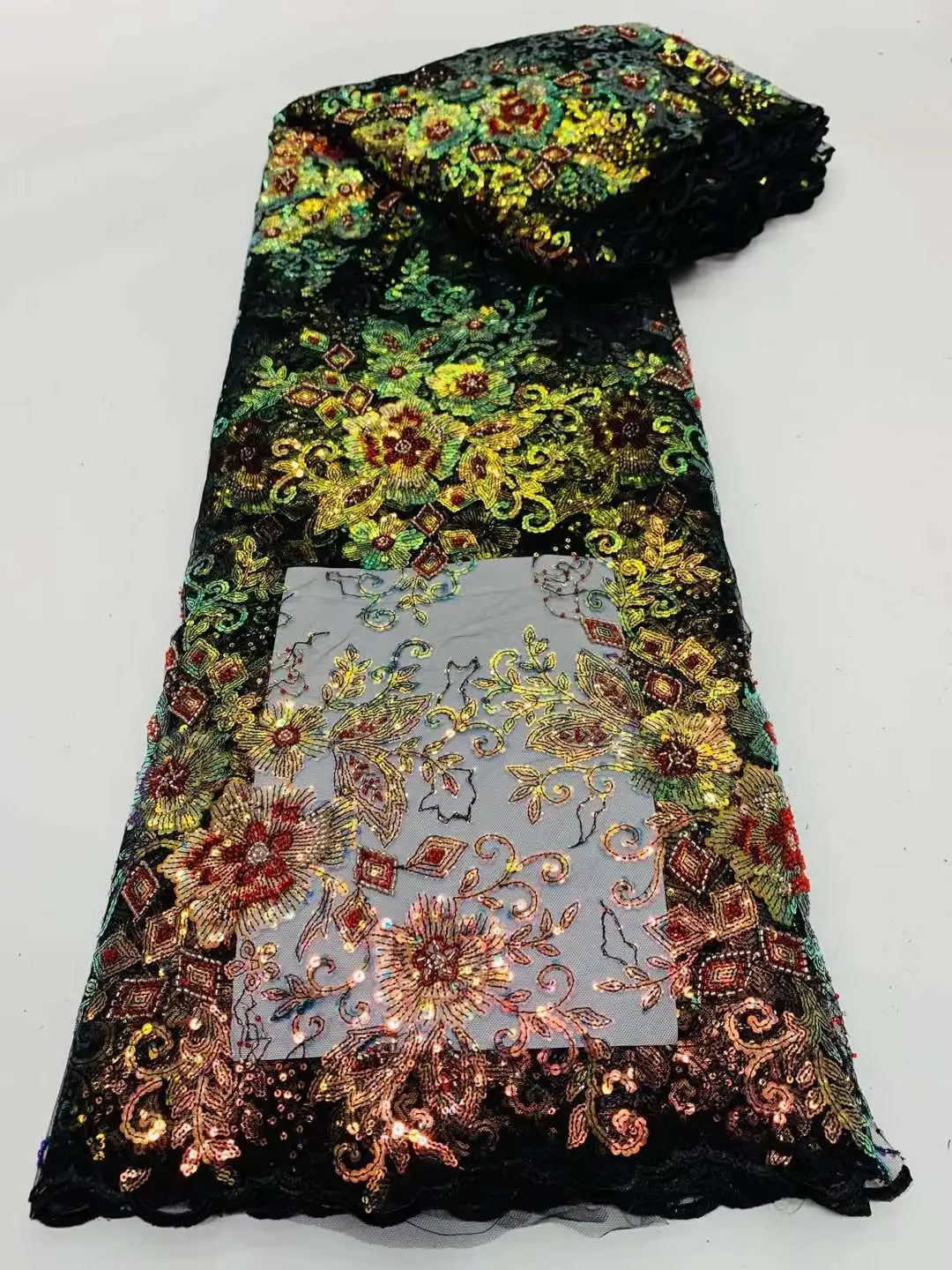 

Beautiful Gold Colorful Sequins With Beads Embroidered French Tulle Net/ African Lace Fabric For evening dresses Weddings Party