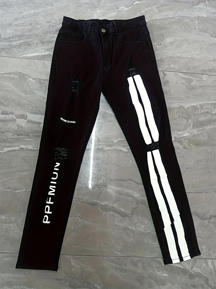 Jeans Men Elastic Waist Ripped Skinny Jean Men Jeans Skinny Printed Stretch Denim Pants for Daily Wear Trousers