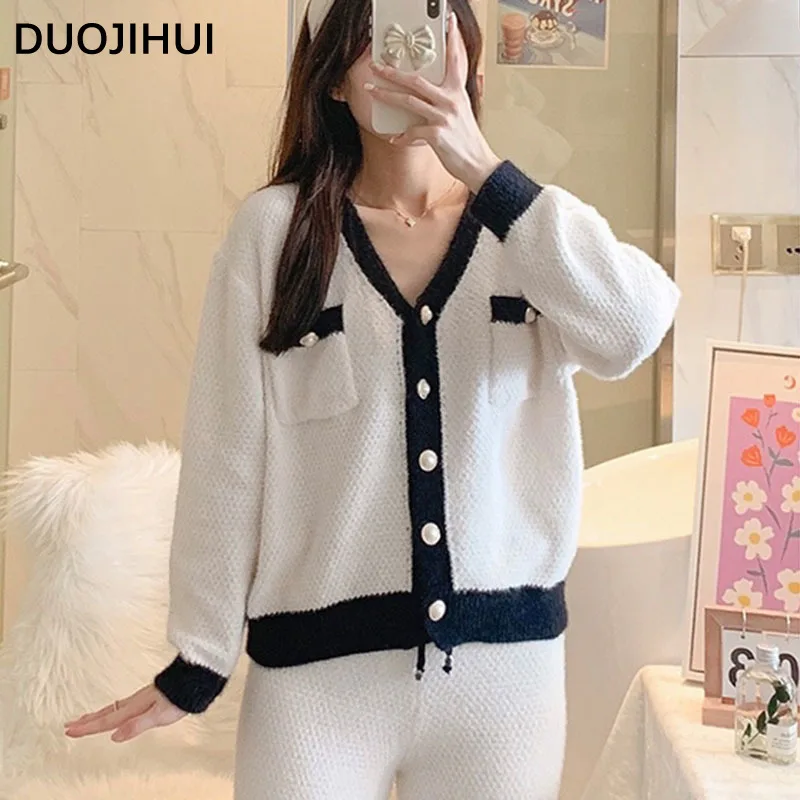 DUOJIHUI Two Piece Spell Color Casual Pajamas for Women Sexy V-neck Cardigan Basic Simple Pant Loose Fashion Female Pajamas Set