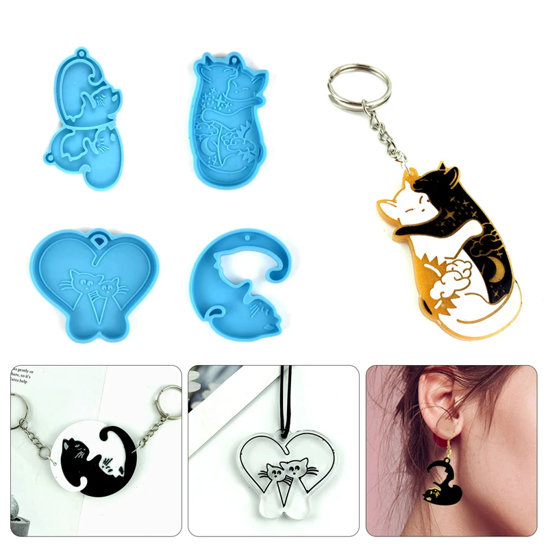 New Cute Heart-shaped Cat Earrings Pendant Silicone Mold Uv Epoxy Resin Mold DIY Making Keychain Pendant Decoration Material 2021 new valentine s day series crystal epoxy triple geometric heart shaped earrings pendant diy keychain bag pendant material