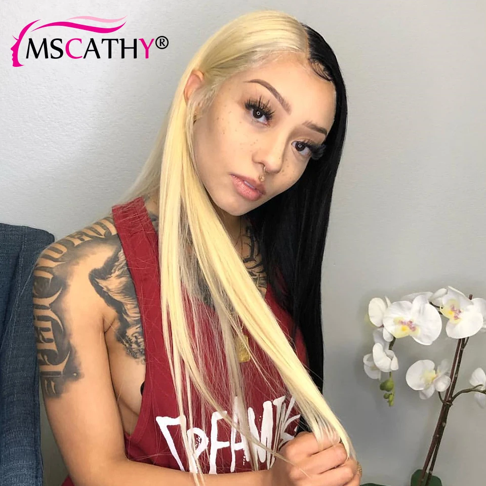 Long Straight Black Half Red Lace Front Wigs 613 Blonde Brazilian Human Hair Wigs For Women 4x4 HD Transparent Lace Closure Wig