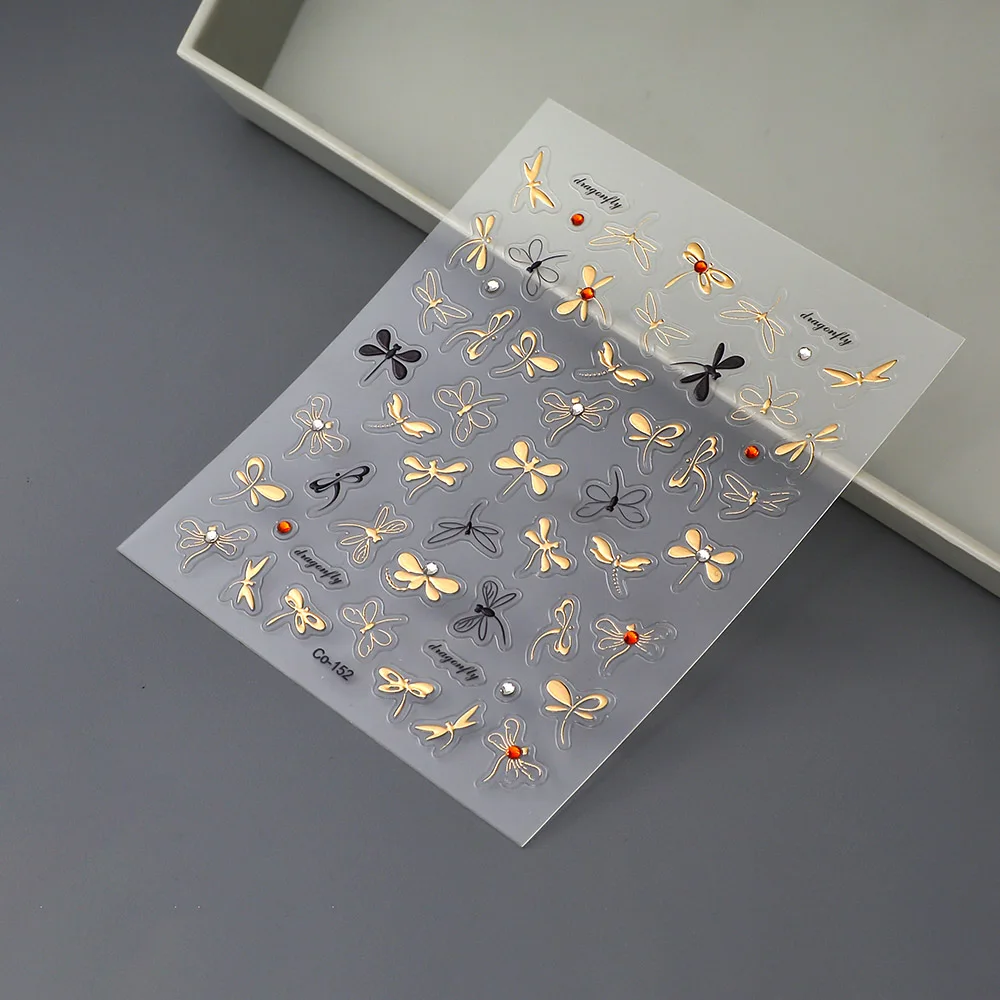 Luxury Series Dragonfly Golden Rhinestones Unique 5D Nail Stickers Back Glue Nail Sliders 6