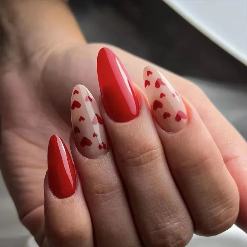 

3D fake nails press on faux ongles nude long almond french tips cute red heart DIY manicure supplies false acrylic nail kits