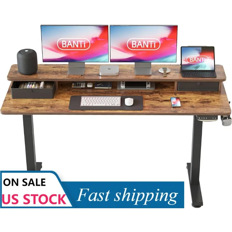 

BANTI 55x24 Inch Electric Standing Desk with Double Drawers, Adjustable Height Stand Up Desk, Sit Stand Home Office Desk