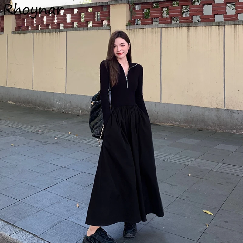 

Long Sleeve V-neck Dresses Women Autumn Winter French Black Sexy Zippers Hot Girls Solid Soft Dress Ins Elegant Slim-fit Chic