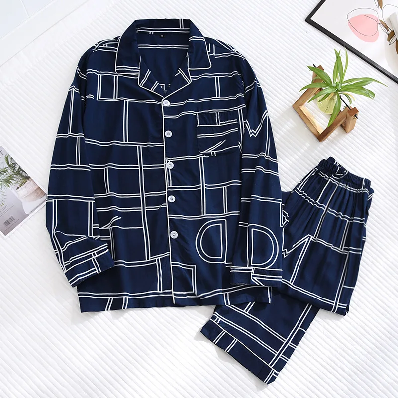 Spring and summer new men's pajamas long-sleeved trousers two-piece set 100% viscose thin homewear set cardigan large size sleep