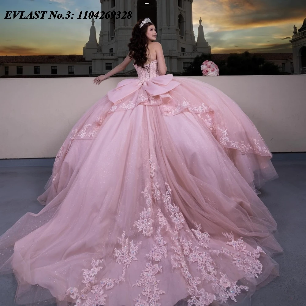 EVLAST Sparkly Pink Quinceanera Ball Gown Lace Applique Beading Bow Tiered Sweet 16 Dress E3Q188
