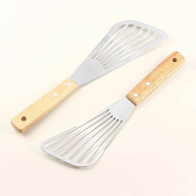1PC Stainless Steel Fish Frying Shovel with Wooden Handle Fan-shaped Shovel Household High-temperature Frying Shovel 3