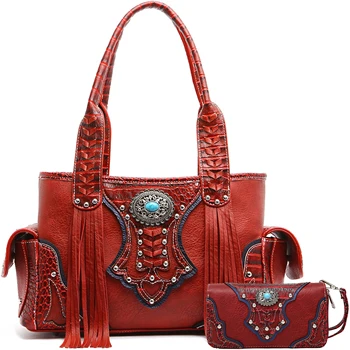 Western Style Cowgirl Woven Fringe Crocodile Gorgeous Purse Conchos Tote Country Women Handbag Shoulder Bags Wallet Set 5
