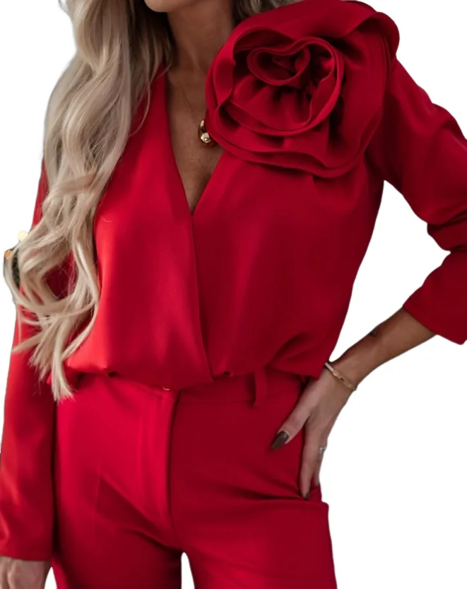 Fashion Woman Blouse 2023 Winter New Solid V-Neck Rose Detail Office Lady Long Sleeves Overlap Top Temperament Commuting