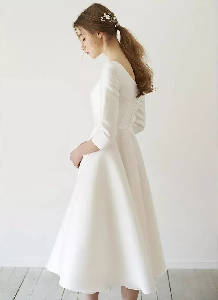 Simple Wedding Dresses Satin Tea length With Sleeve matrimonio vestidosde novia robe-de-mariee Direct China wedding dresses