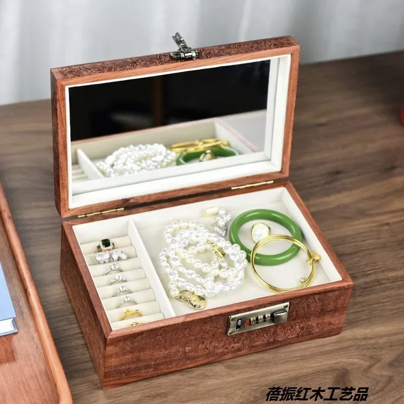Luxury Carved Password Jewelry Box Storage Organizer Case Red Sandalwood Vintage Jewelry Storage Box Earrings Display Gift Ideas - Image 3