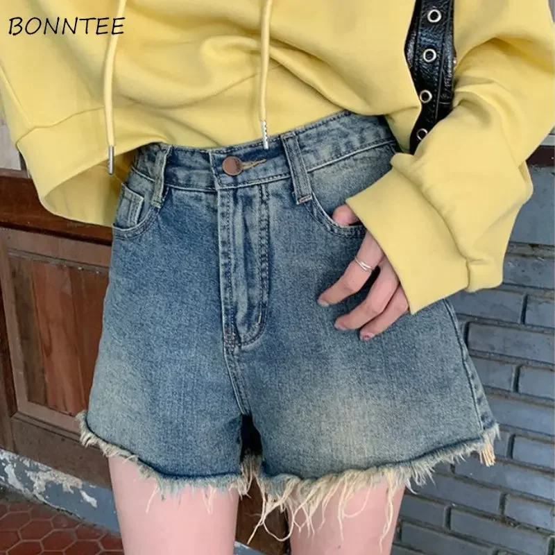 

Vintage Tassel Denim Shorts Women Ripped High Waist Hotsweet Summer New Simple All-match Loose Casual American Style Ulzzang Ins