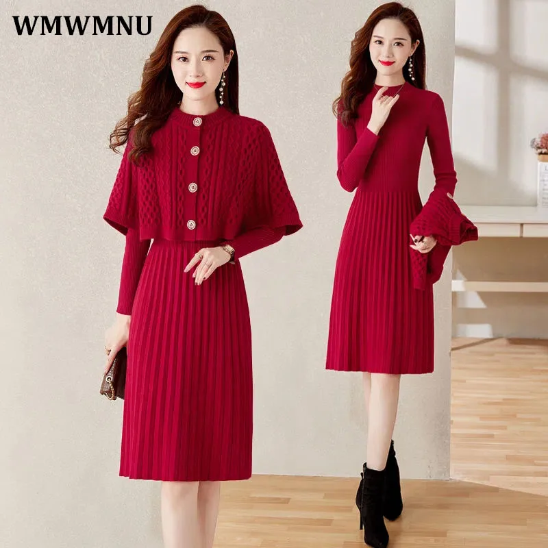 Women Elegant Winter Knitting Knee-length Dresses Long Sleeve Straight  Plaid Jumper Autumn Casual One Piece Clothes - AliExpress