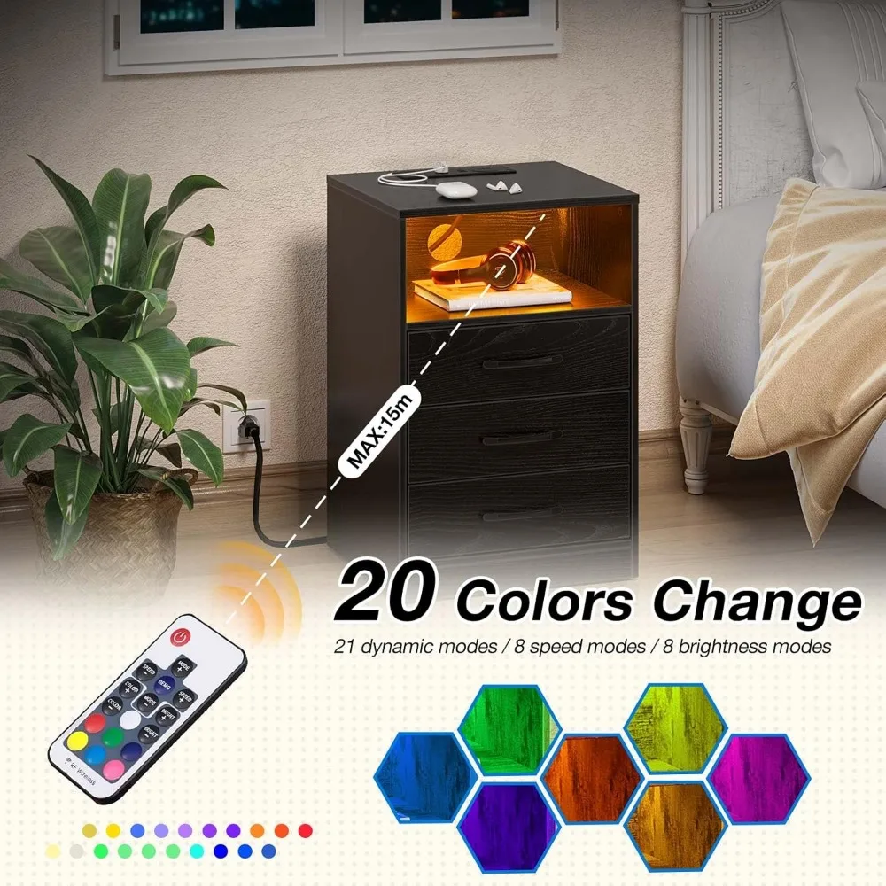 Nightstand with Wireless Charging Station and LED Lights, End Side Table with 3 Drawers and Open Compartment, Nightstand 3