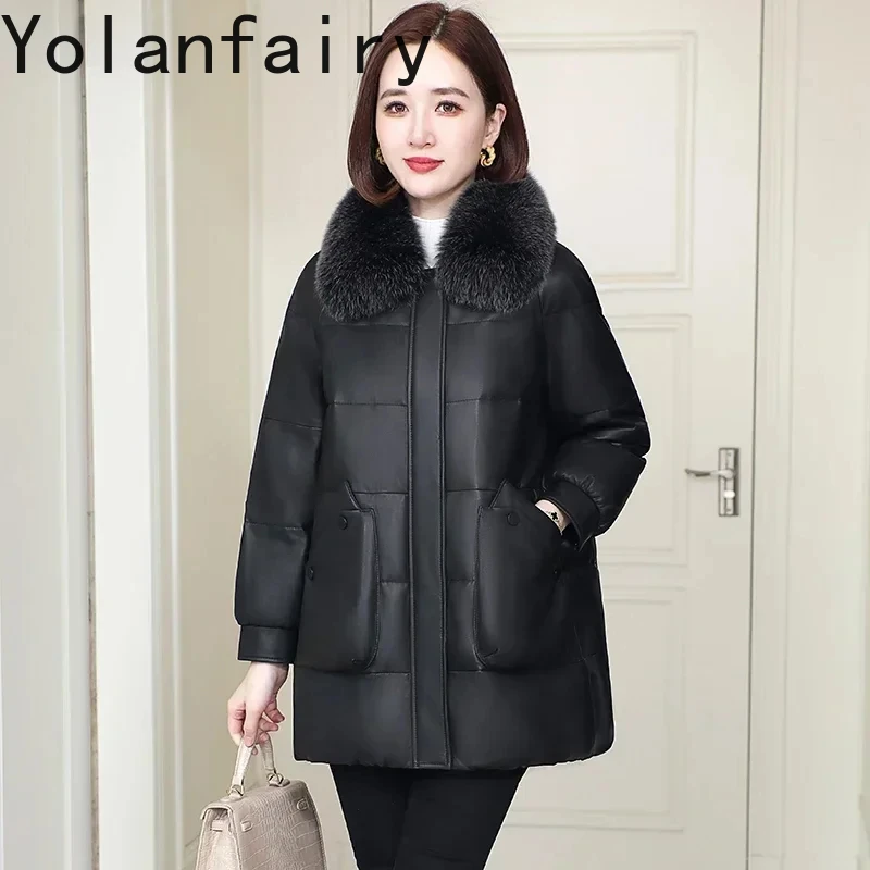 

Top Quality Real Sheepskin Leather Down Jacket Women Winter Korean Style Warm Down Coats Luxury Fox Fur Collar Casaco Feminino