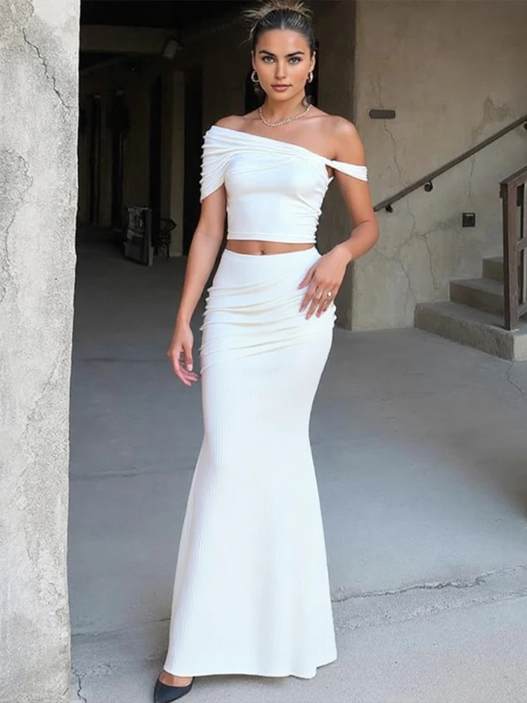 Nibber Elegant 2 Piece Set Women Irregular Skew Collar Backless Crop Top+Ruched Skirts Summer Skinny Fashion Beach Style Suit