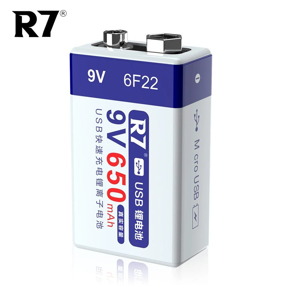 

R7 Li-ion 9V Rechargeable Battery 650mAh Micro USB 6F22 Battery for Metal Detector Microphone Toy