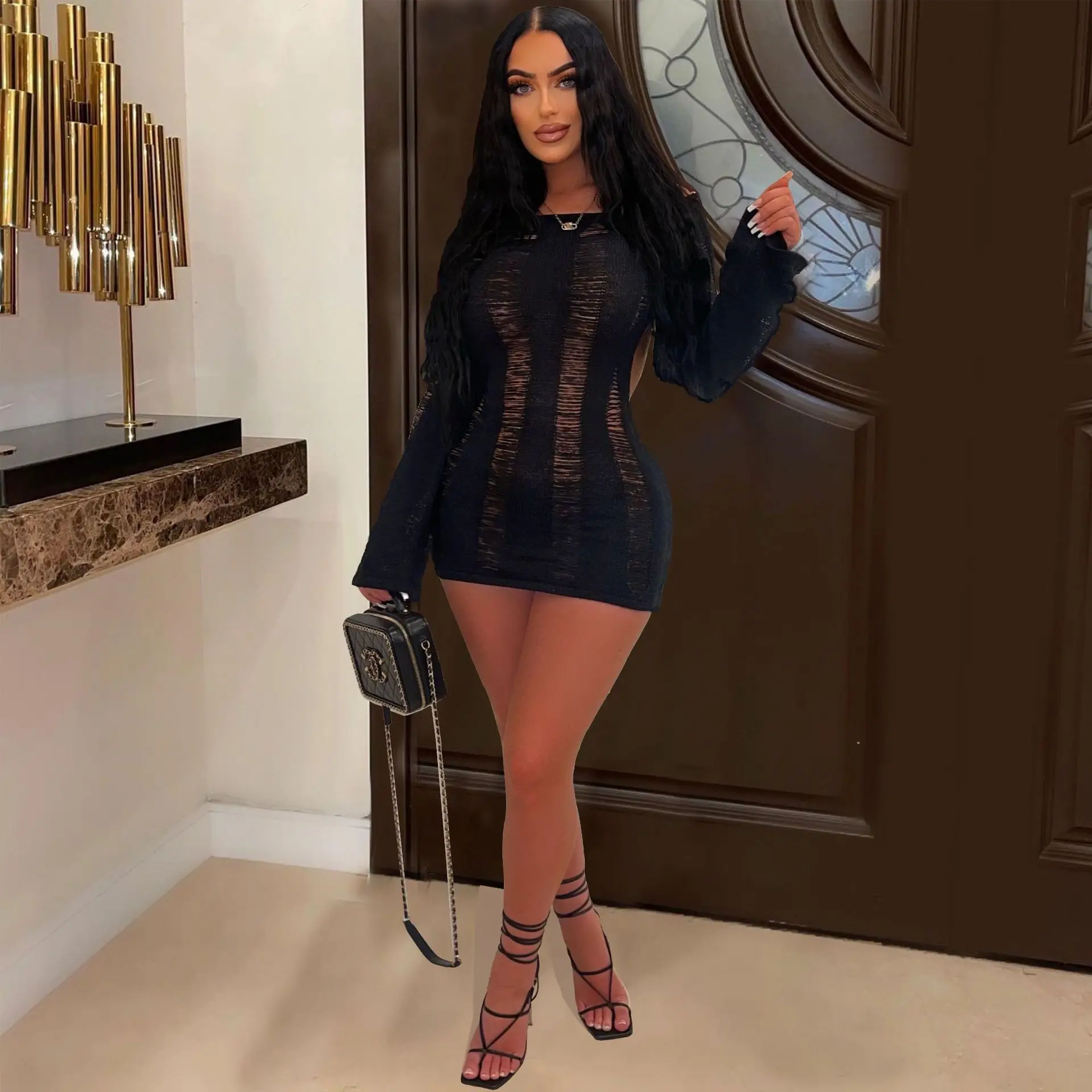 

Casual O Neck Long Sleeve Backless Bodycon Club Party Christmas Dresses Sexy Cotton Hollow Out Knit Rib Mini Dress for Women