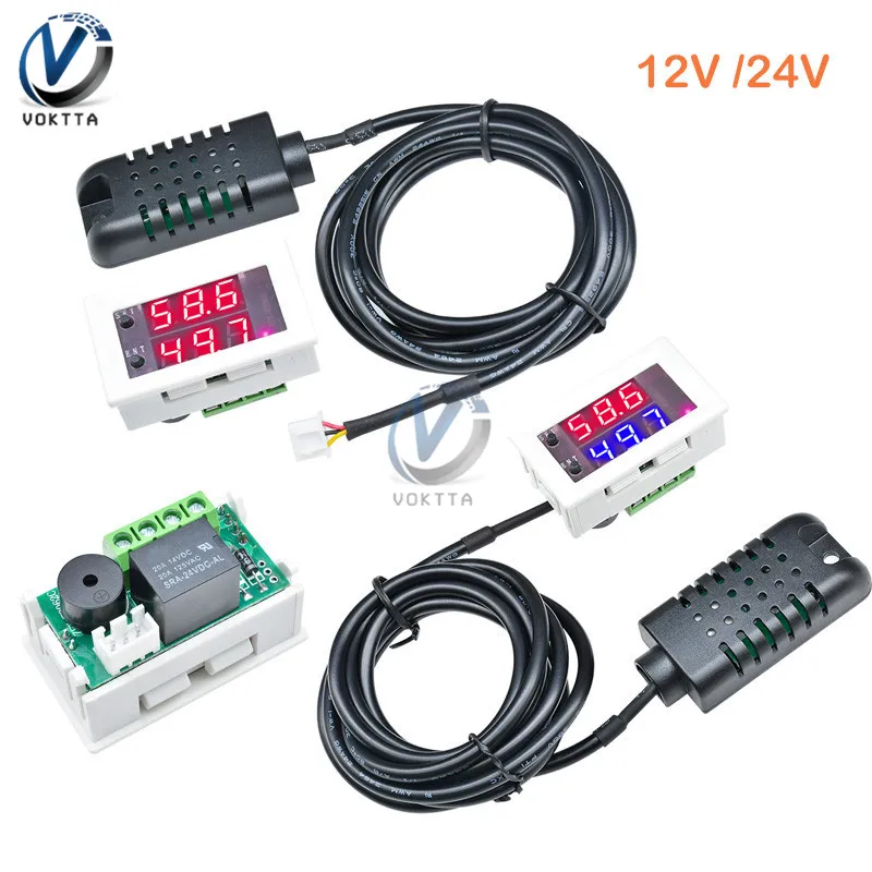 

W2062C Mini Digital AC 110V-220V DC 12V 24V 10A Hygrometer Control Switch Dual Display Humidity Sensor Controller Red Blue