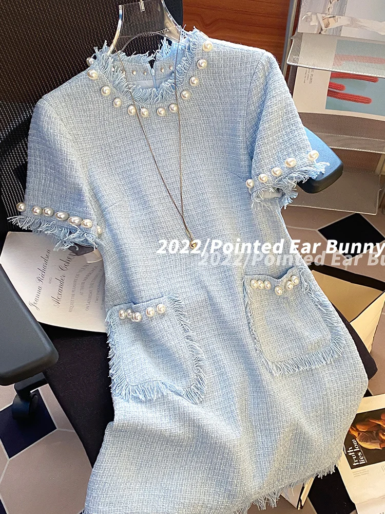 

Fringe Blue French Fragrant Style Dress Summer Women's 2023 New High Grade and Unique Sweet and Spicy Skirt
