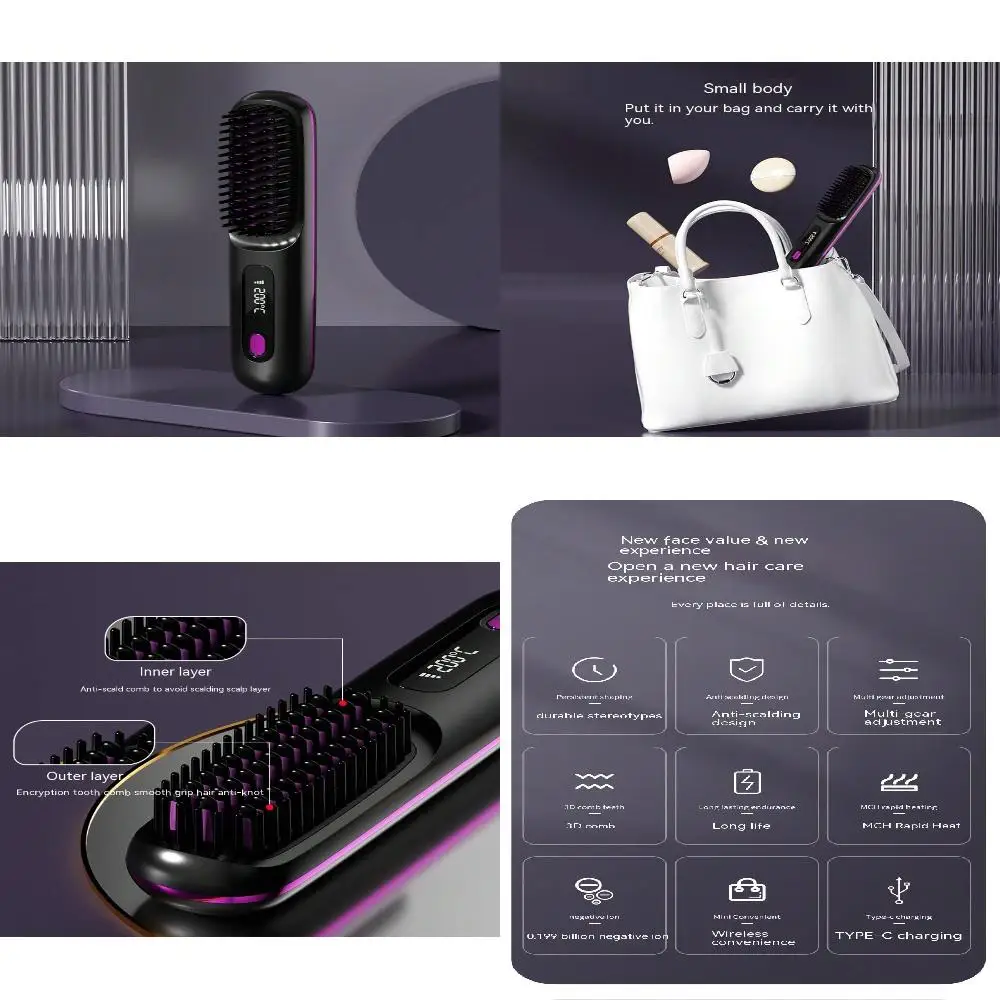 Lcd Usb Rechargeable Ceramic Heating Ionic Straightening Comb Wireless Portable Hair Straightener Hot Air Brush For All Hair Typ