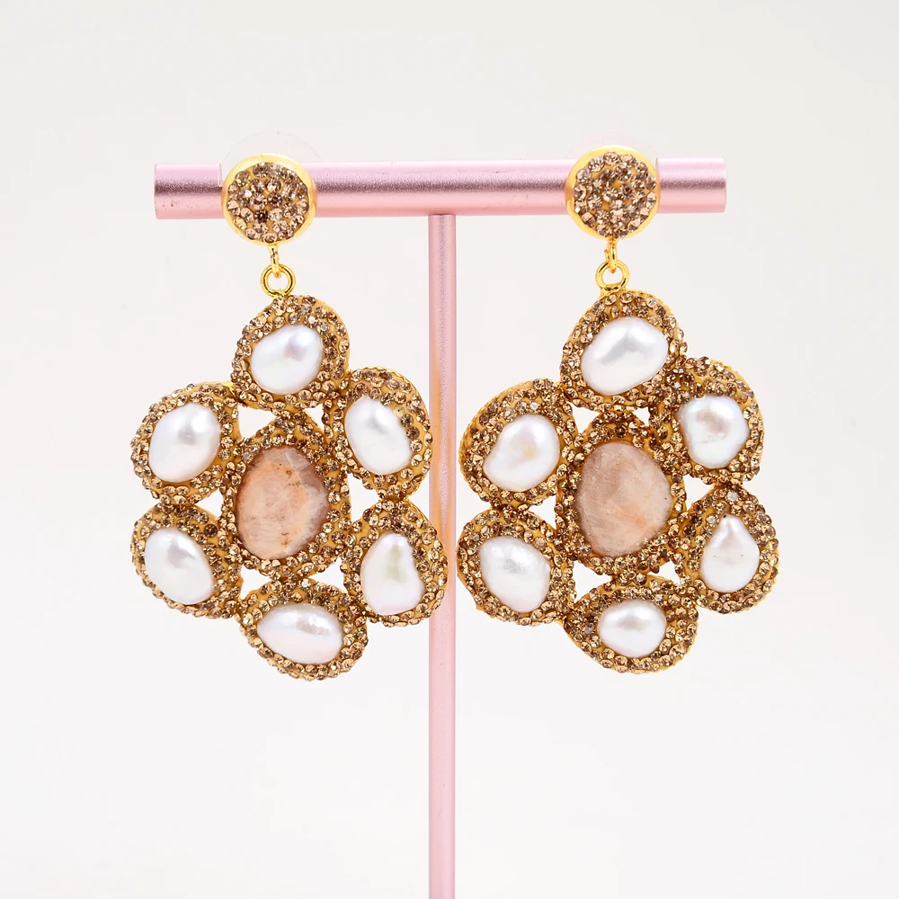 G-G Cultured White Baroque Freshwater Pearl Sunstone Gold Plated Champagne CZ Stud Earrings Vintage Flower Earrings