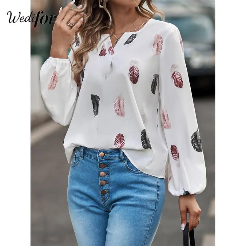 

Wedifor Elegant Lantern Sleeve Chiffon Blouse Shirts Feathers Printed Loose Casual Women Tops Fashion Vintage V Neck Blusas