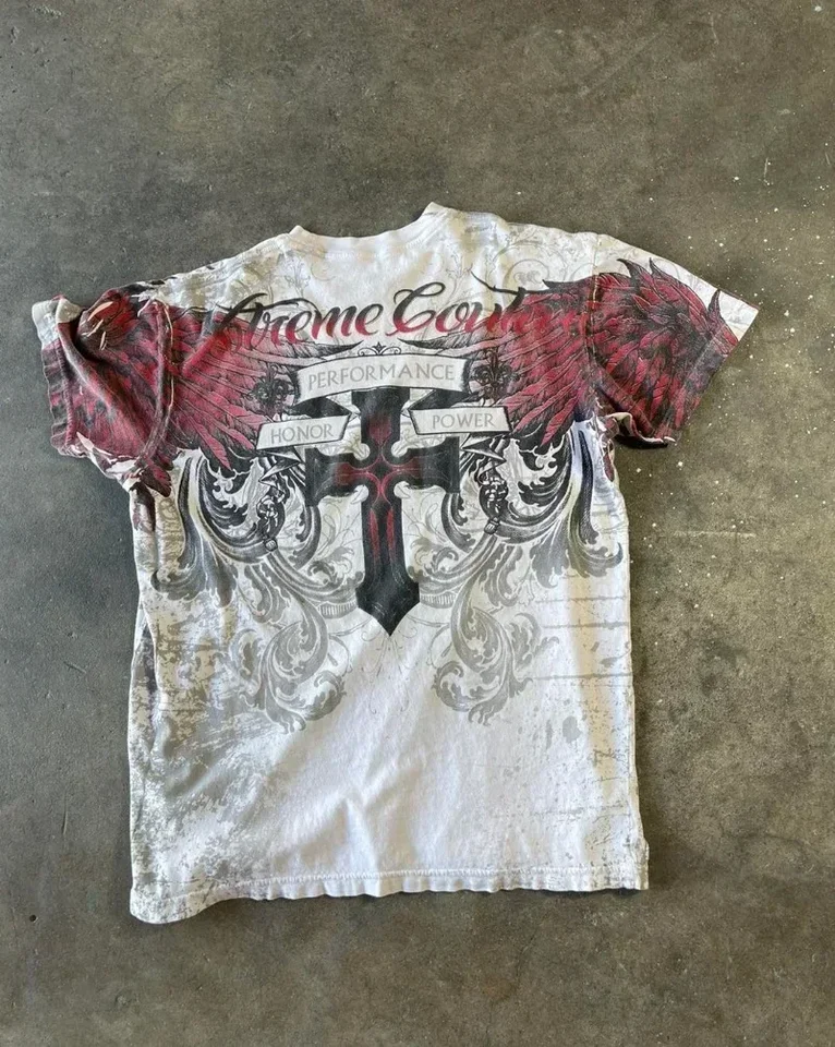 90s Affliction T shirt Hip Hop skull Printed Round Neck Oversized