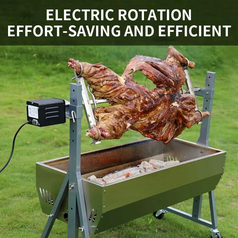 Rotisserie Grill Electric Motor Charcoal Spit Grill Stainless Steel Roaster/Lockable Wheels for Camping Outdoor 3