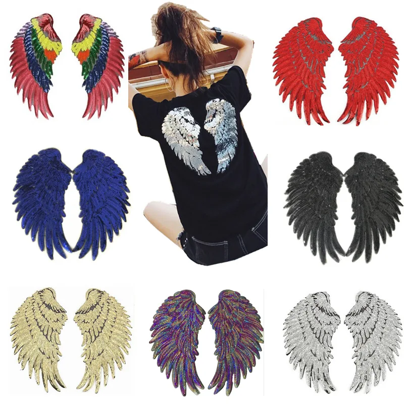 Description Picture 2 of itemRainbow Feather angel wings Sequin Sew On iron on Clothes patches Embroidered Badges Manual stikers Diy Backpack punk applique