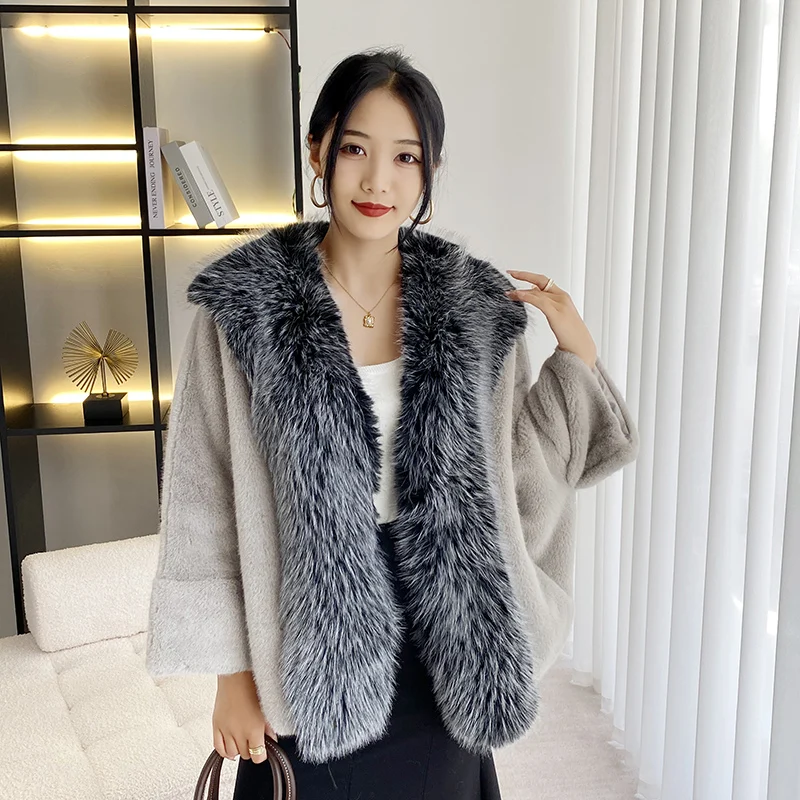Autumn and Winter New Baggy Bat-Sleeved Fur Fur Collar Coat Women's Mid-Length Loose Fashion Fur Coat Top european and american fashion new style rabbit fur coat fur and mink fur mid length coat for women