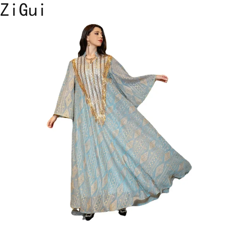 

Zigui Jalabya Arabic Dress Women Sequin Tassel Kaftan Long Sleeve Mesh Embroidery Flare Sleeve Muslim Abaya Dress Dubai