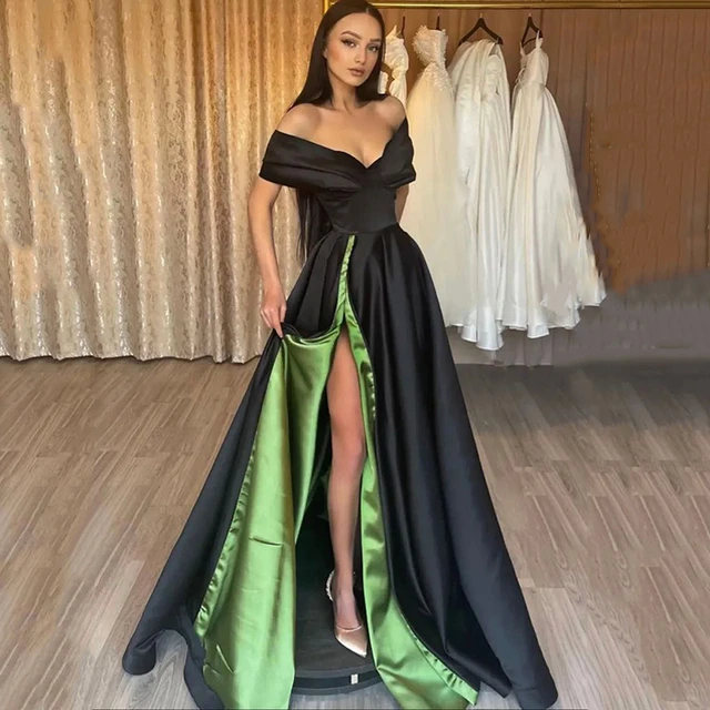 Elegant Off Shoulder Champagne Satin Long Prom Dress, High Slit Champagne  Formal Graduation Evening Dress