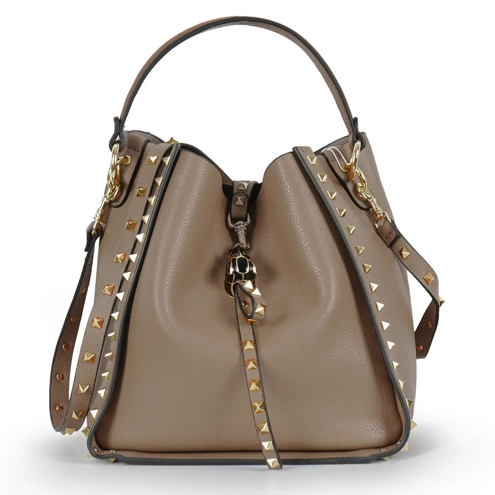 Hot Sale Women's Bucket Bag High Quality Genuine Leather Handbags Ladies Fashion Rivet Shoulder Bag Female Casual Tote 2026 2