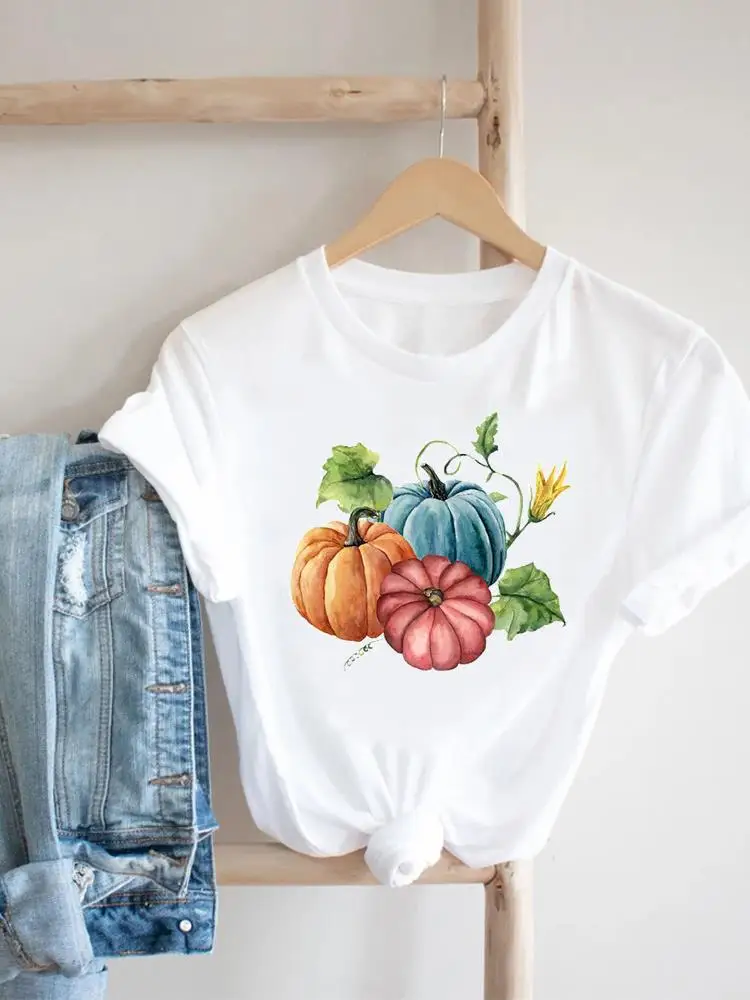 

Halloween Print T-shirt Top Watercolor Pumpkin Trend Thanksgiving Fall Autumn Graphic T Shirt Clothing Female Women Fashion Tee