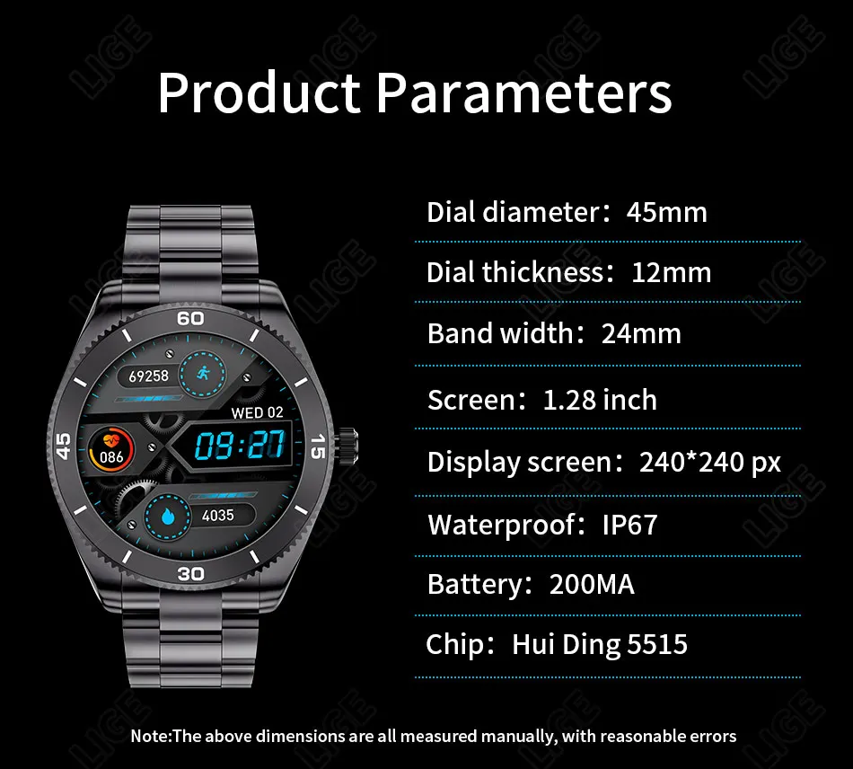 LIGE 2022 New Smart Watch Men Full Touch Dial Call Fitness Tracker IP67 Waterproof Multifunction Steel Strap Men Smartwatch+BoxLIGE Call Smart Watch Men Full Touch Screen Sport Fitness Watches IP67 Waterproof Multifunctional smartwatch For Android ios+Box