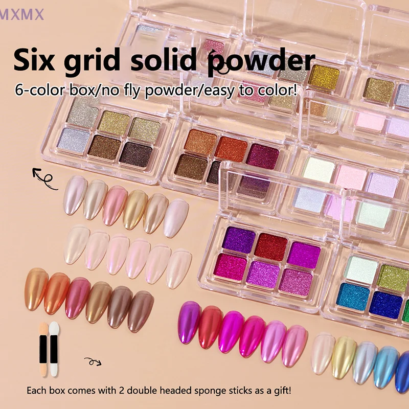 6 Colors Mirror Aurora Solid Nail Glitter Electroplated Colour Mirror Powder With 2Pcs Sponge Stick DIY Nail Art Decoration
