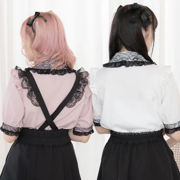 Lolita Doll Collar Short Sleeve Solid Color Blouse Women's Shirt Summer Japanese Style Puff Sleeve Bow Single Breasted Blouse
