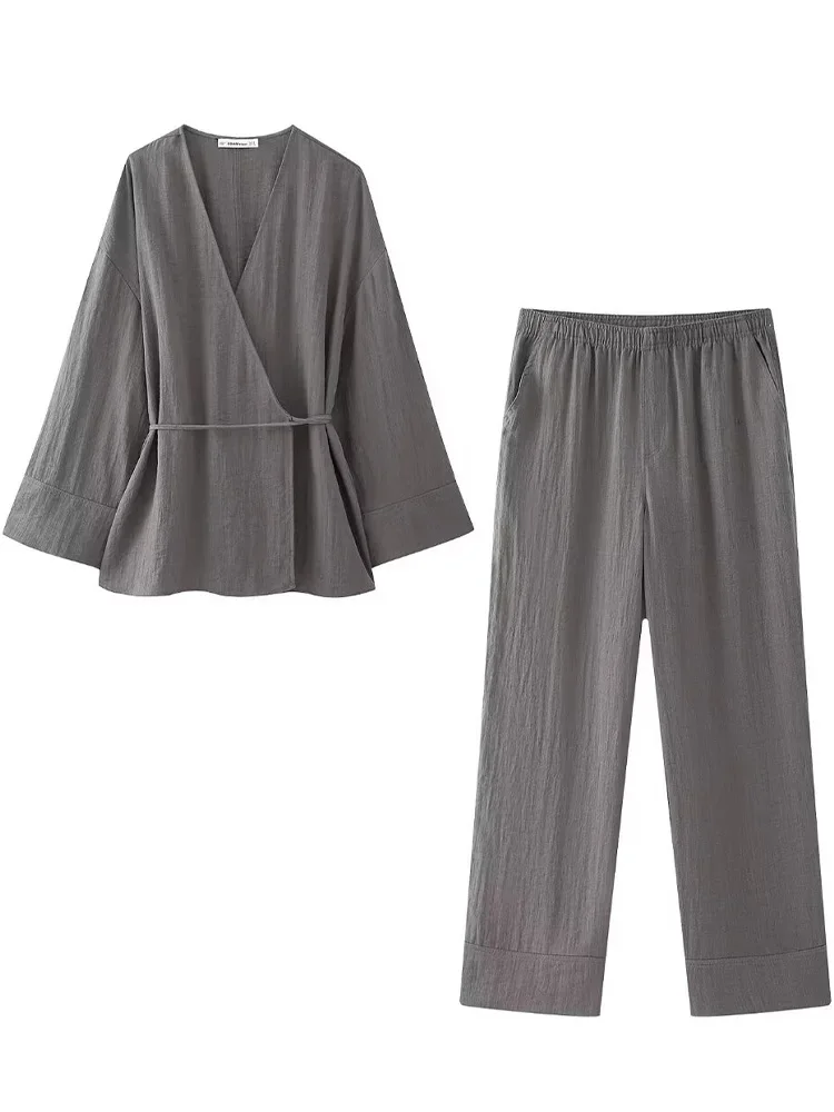 Description Picture 4 of itemWillshela Women Fashion Two Piece Set Solid Lace Up Loose Coats & Vintage High Elastic Waist Trousers Feamle Chic Lady Pant Sets