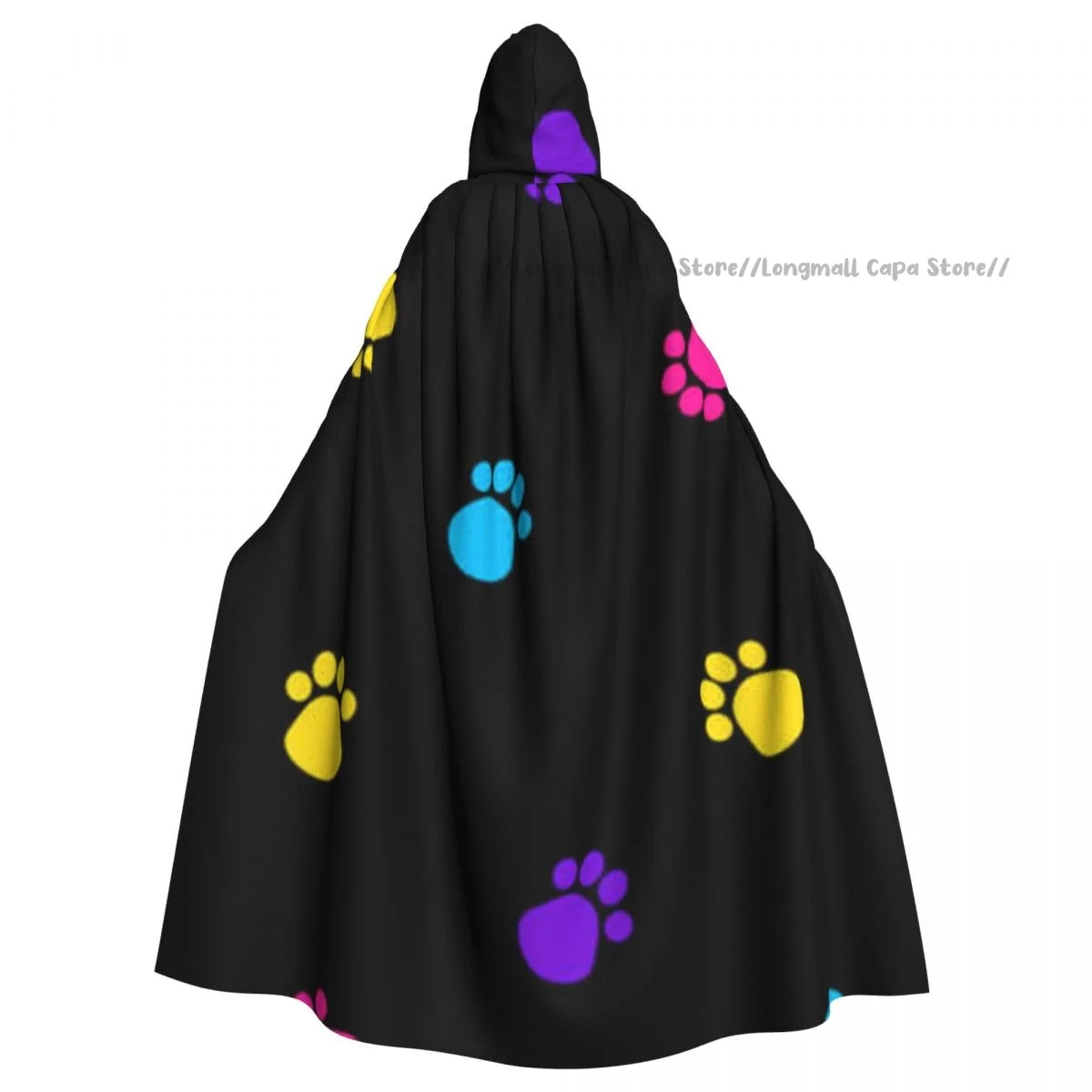 

Adult Halloween Colorful Paws Print Cloak Cape Hooded Medieval Costume Full Length Dress Coat