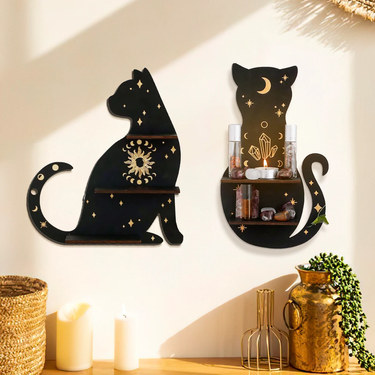 1PC, gold print embellished with black kitten-shaped wooden wall shelf, suitable for living room, bedroom, and party decoration