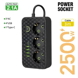 European Power Strip with USB & Type - C Ports, Independent Switch, and Night Light - EU Plug (3M Black)