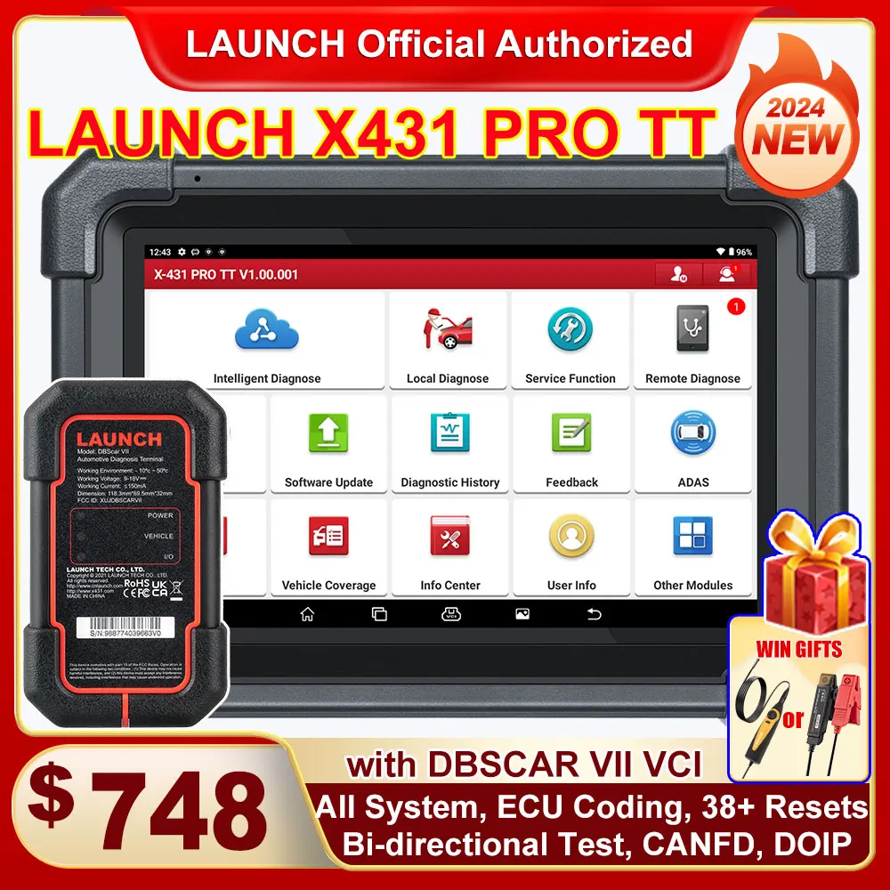 LAUNCH X431 PRO TT 8 inch Car Diagnostic Tool DBSCar VII Connector 37+ Reset Bi-directional ECU Online Coding CANFD Key IMMO