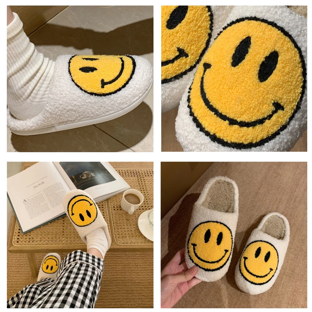 Cartoon Smiley Patroon Vrouwen Pluizige Pantoffels Winter Huis Meisjes Bont  Slippers Grappige Winter Warm Slaapkamer Dames Katoen Pluche  Schoenen|Slippers| - AliExpress