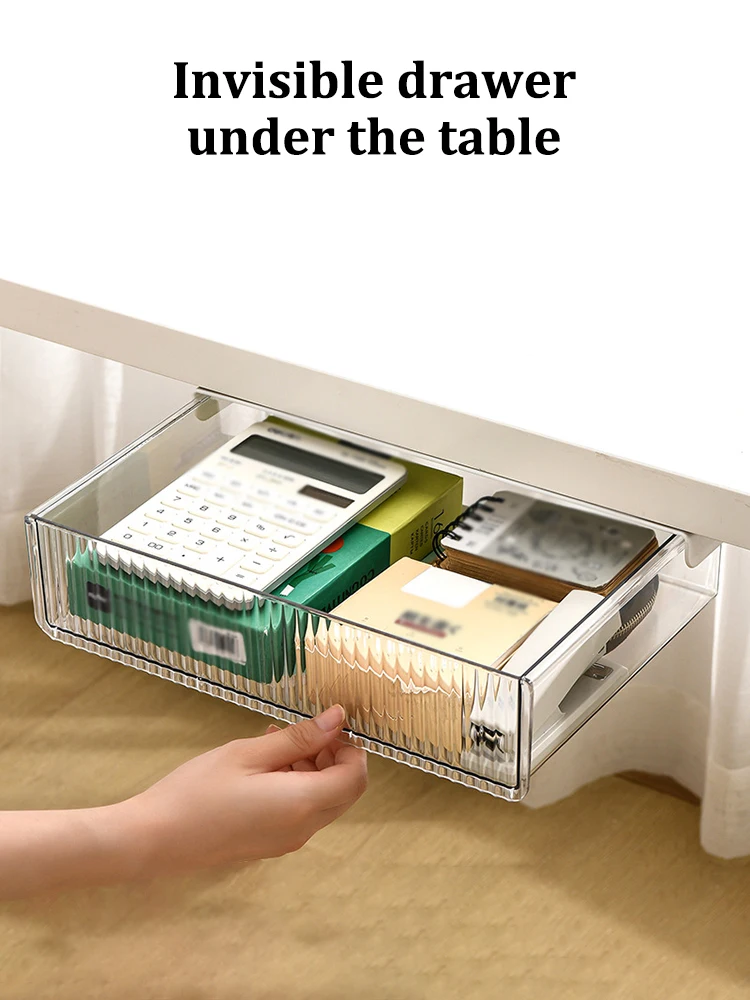 Description Picture 5 of item1PC Office Closet Under The Table Storage Drawer Slide Out Self-adhesive Drawer Storage Box Hidden Household Items
