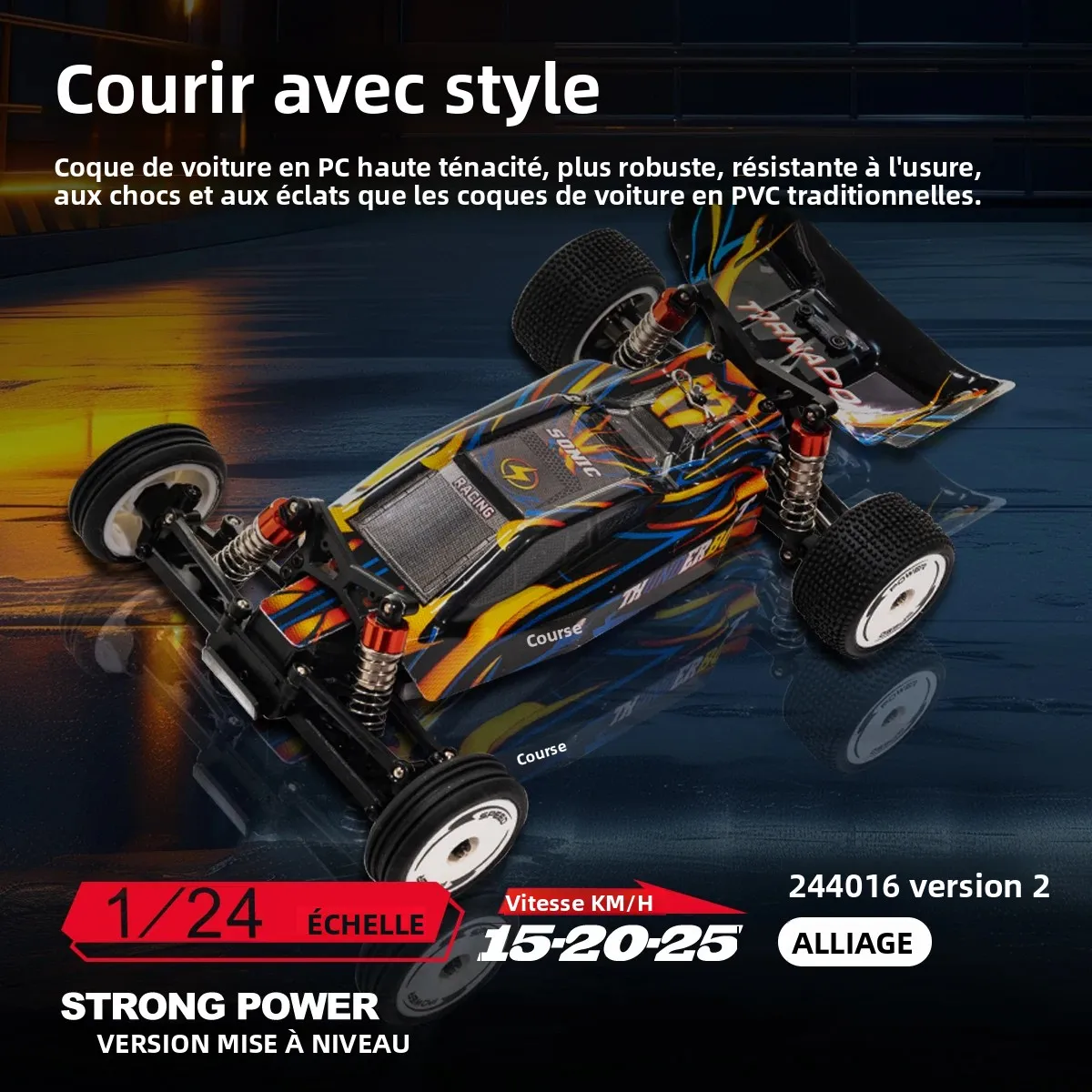 Détail des roues et carrosserie de la voiture télécommandée WLtoys 244016 V2 25km/h