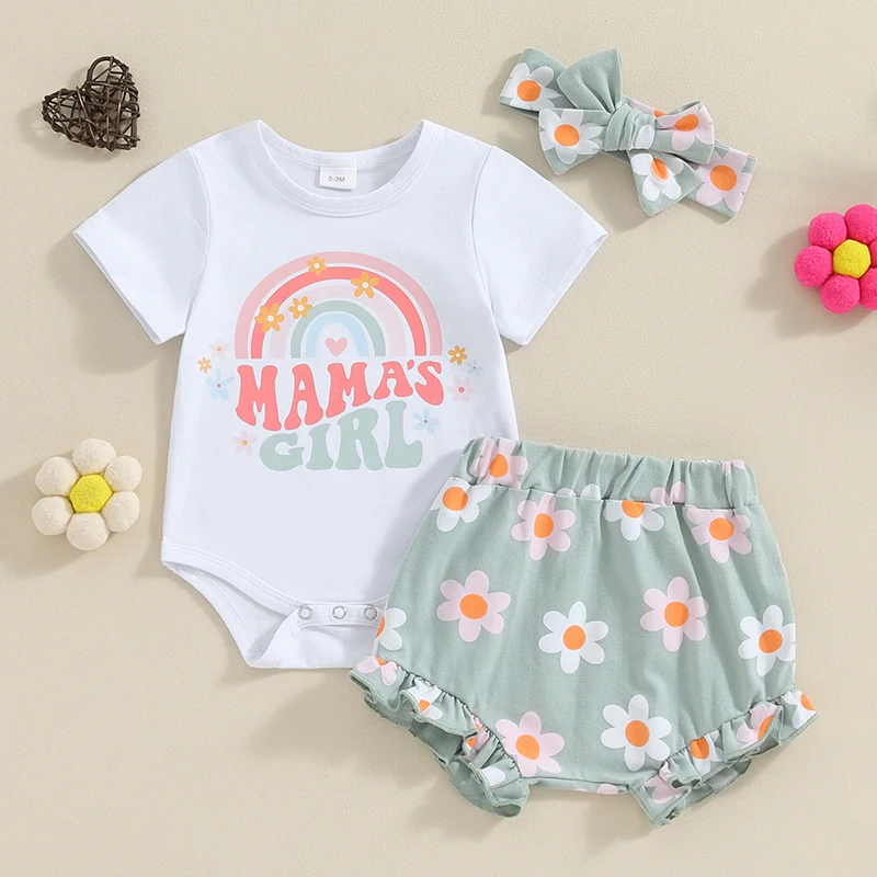 

2023-11-16 Lioraitiin Baby Girl Outfits Letter Rainbow Print Short Sleeve Rompers Flower Print Shorts Headband 3Pcs Clothes Set