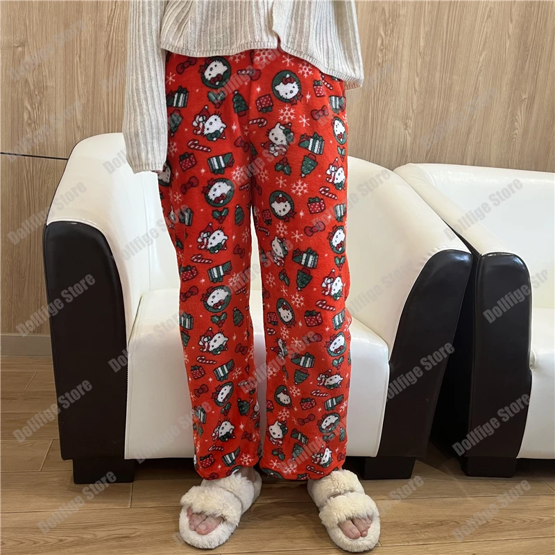 

2024 Sanrio Hello Kitty Flannel Pajamas Christmas Women's Warm Woolen Cartoon Casual Home Pants In Autumn Winter Fashion Trouser